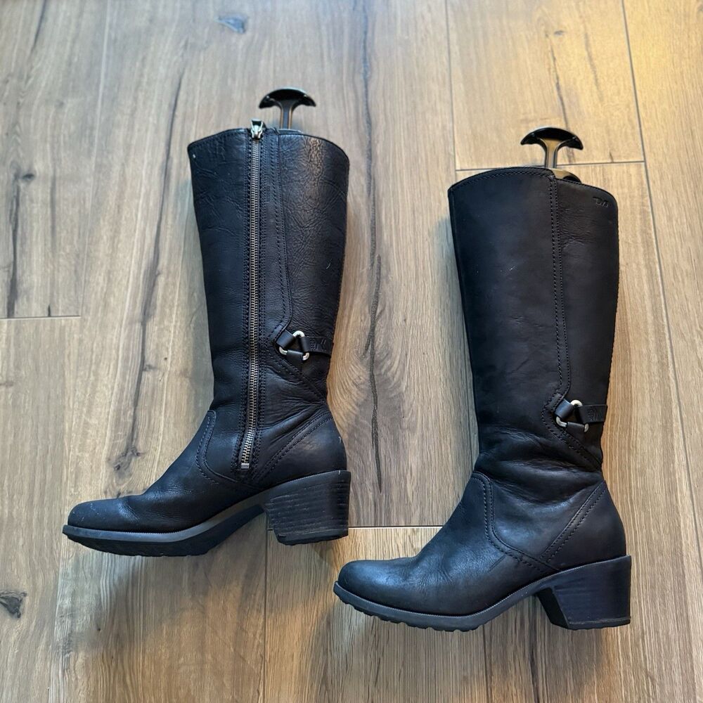 Women’s 7- Teva Foxy Black Waterproof Leather Tall Riding Boots Side Zip Buckle - Picture 2 of 7